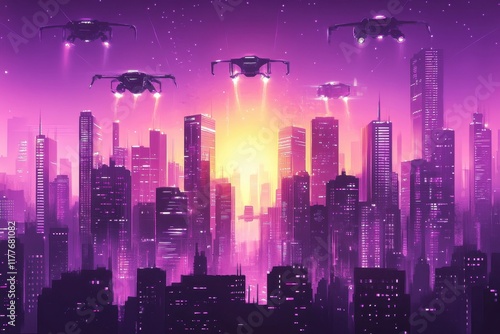 Wallpaper Mural Futuristic Cityscape with Flying Vehicles at Sunset Torontodigital.ca