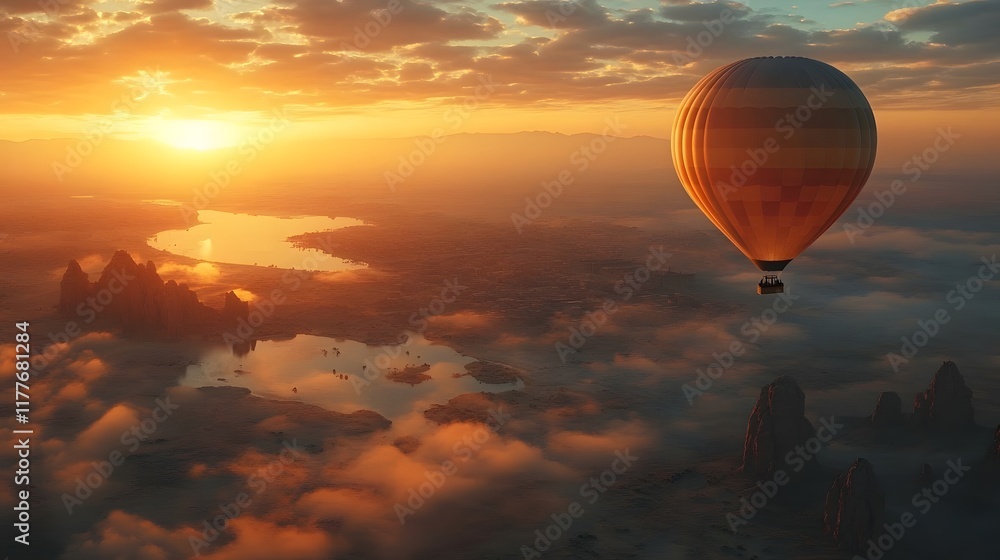 Majestic Hot Air Balloon Soaring Over Sweeping Desert Panorama at Sunset with Rugged Rock Formations and Windswept Dunes Below Majestic Hot Air Balloon Soaring Over Sweeping Desert Panorama at Sunset with Rugged Rock Formations and Windswept Dunes Below