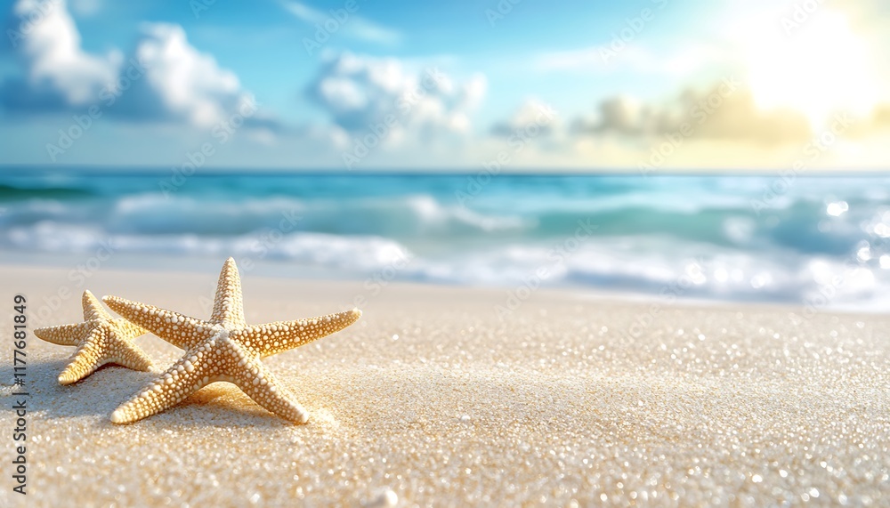 Summer Beach background with sun and blue sky and sand, sun rays, bokeh Summer Beach background with sun and blue sky and sand, sun rays, bokeh