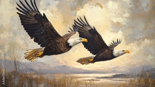 Wallpaper Mural Majestic Bald Eagles Soaring Together Over a Serene Landscape at Sunrise Torontodigital.ca