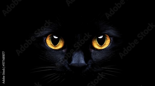 Black cat with striking yellow eyes against a dark background offering ample copyspace for creative text and marketing purposes photo