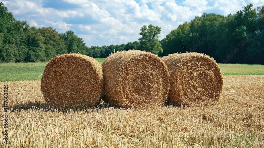 Bales of Hay in Field Surrounded by Forest Under Cloudy Blue Sky on Sunny Day Bales of Hay in Field Surrounded by Forest Under Cloudy Blue Sky on Sunny Day