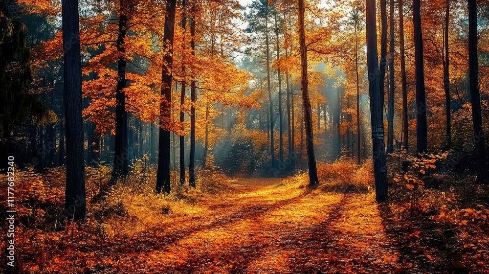 Fototapeta premium Autumn Forest with Vibrant Orange Leaves and Sunlight Through Trees in a Peaceful Natural Setting