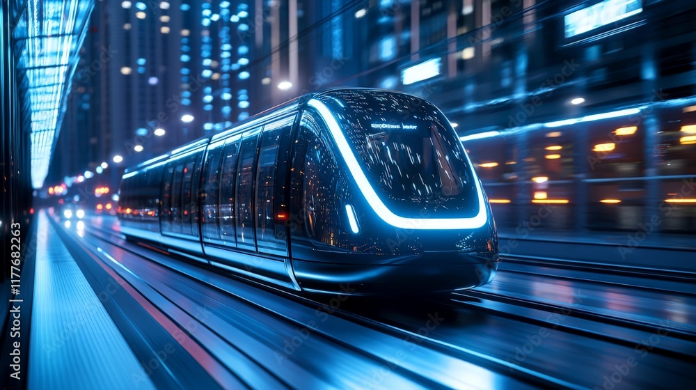 Fototapeta premium Futuristic tram in neon city