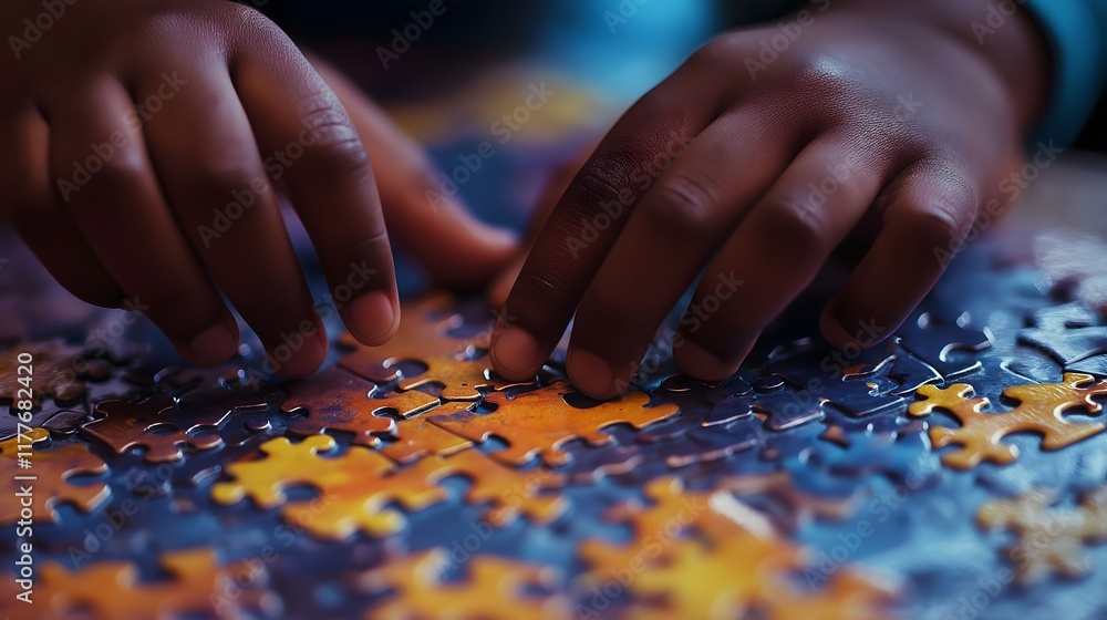 Close-up of an African American child's tiny hands as he puts together a colorful puzzle. World Puzzle Day - Universal Children's Day Close-up of an African American child's tiny hands as he puts together a colorful puzzle. World Puzzle Day - Universal Children's Day