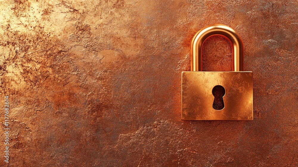Fototapeta premium A golden antique padlock placed on a textured copper background, warm and luxurious.