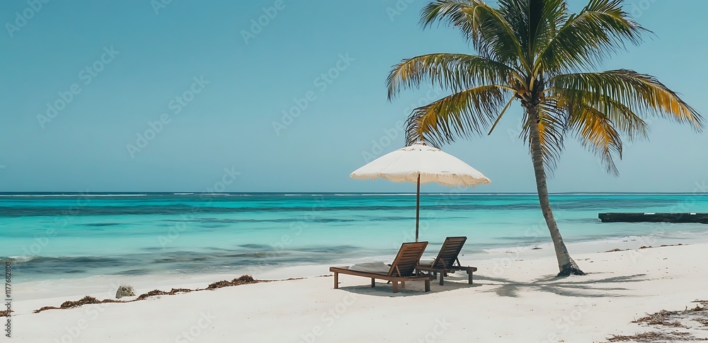 Beach scene with two wooden sun loungers under an umbrella, surrounded by palm trees, summer background Beach scene with two wooden sun loungers under an umbrella, surrounded by palm trees, summer background