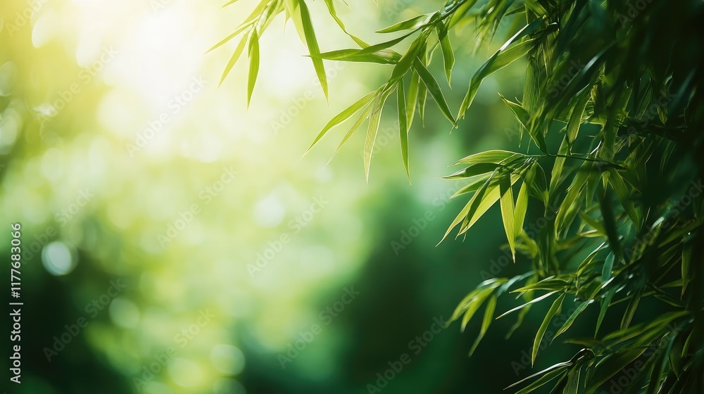 Obraz premium Lush green bamboo leaves gently swaying with sunlight creating a tranquil natural background or texture for relaxation and mindfulness themes