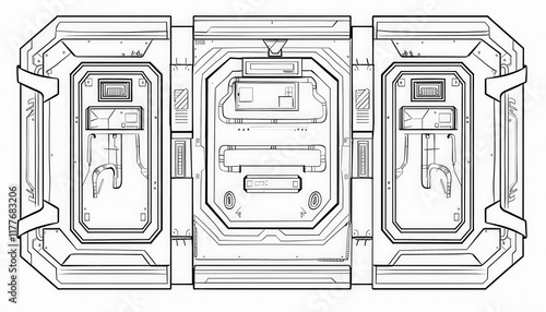 Fototapeta Naklejka Na Ścianę i Meble -  A symmetrical triplicate sci-fi panel design with technical details and rounded edges. Suitable for spaceship walls, doors or containers.