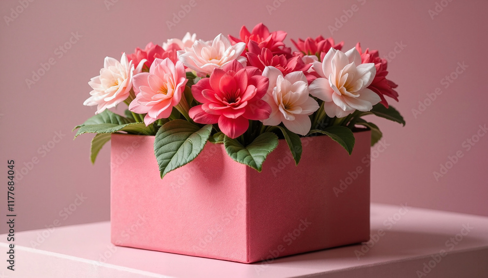 Beautiful floral arrangement in a pink box on a pastel background Beautiful floral arrangement in a pink box on a pastel background