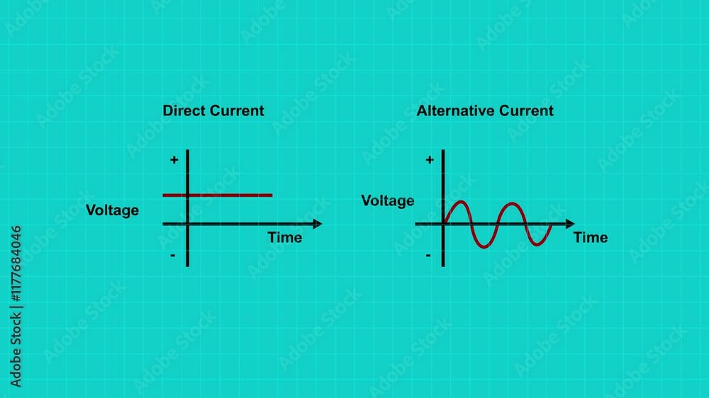alternating current and direct current graph animation on background. alternating current and direct current graph animation on background.