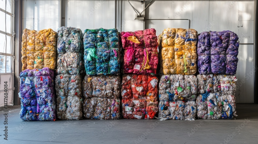 Fototapeta premium Recycled plastic bales stacked in a warehouse showcasing sustainable waste management practices and colorful packaging materials.