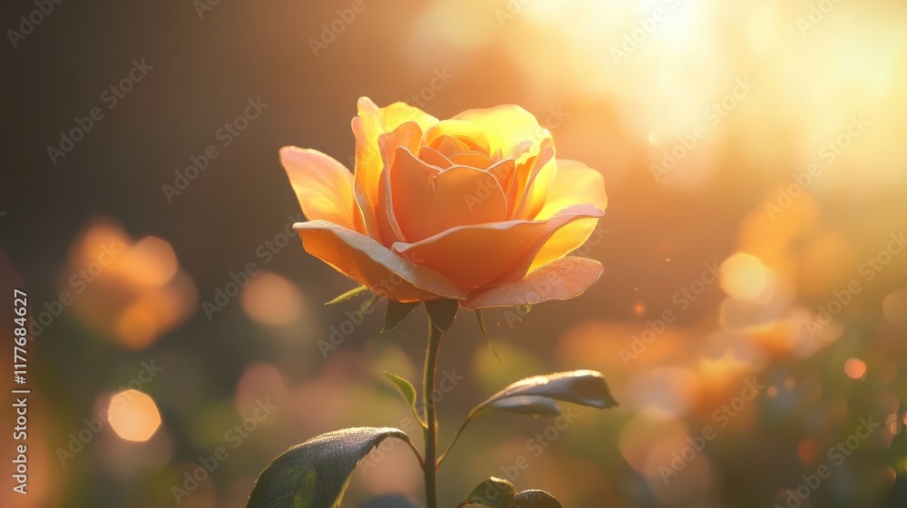Fototapeta premium Vibrant yellow orange rose in soft sunlight with a dreamy bokeh background showcasing floral beauty and nature's elegance