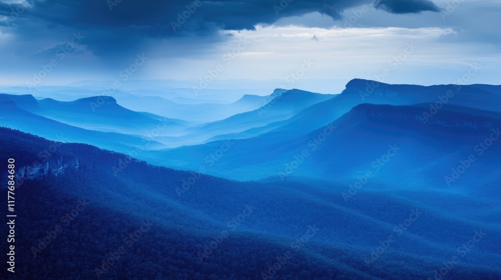 Obraz premium Majestic blue mountains under a dramatic sky capturing the serene beauty of nature in landscape photography.