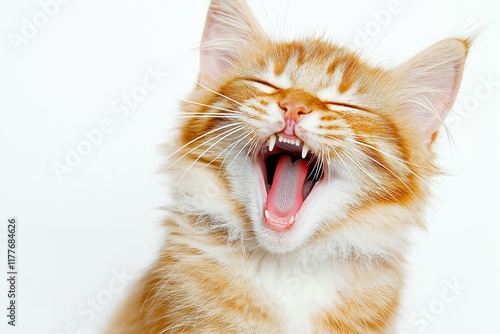 A charming ginger cat caught in a yawn, showcasing its playful spirit and fluffy appearance.
