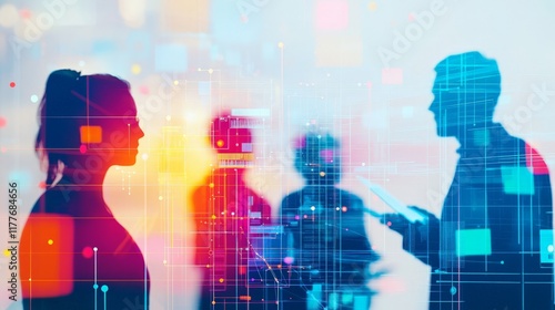 Silhouettes of People in Digital Network, Abstract Business Communication, Digital Technology, Future Concept