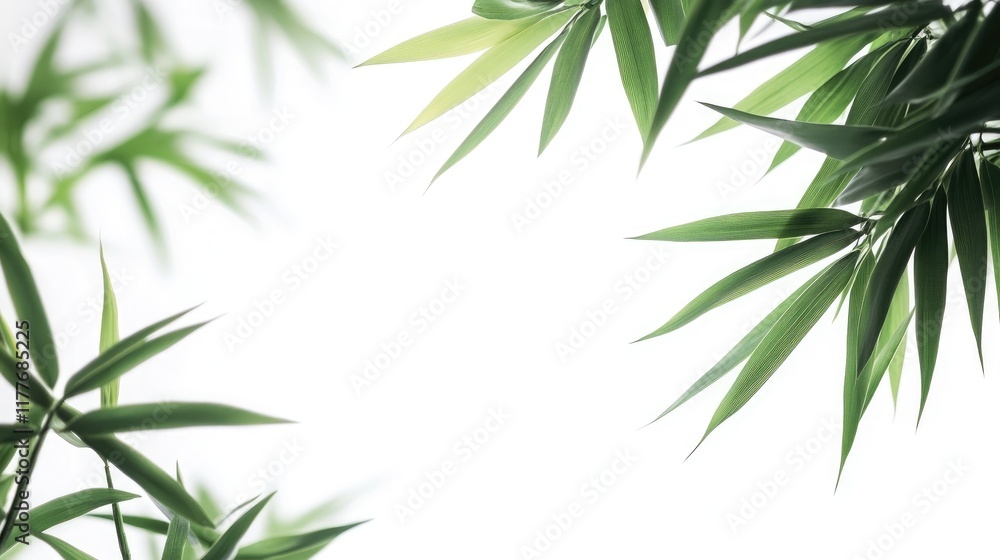 Obraz premium Bamboo leaves elegantly framed against a white background creating a serene and natural atmosphere for design and decor use.