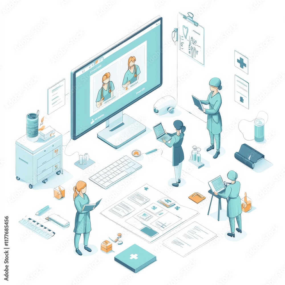Telemedicine and Healthcare Professionals Working Together Modern Online Consultation and Treatment Illustration Telemedicine and Healthcare Professionals Working Together Modern Online Consultation and Treatment Illustration