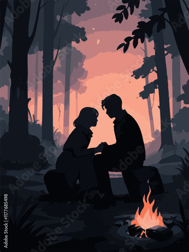 a loving couple sitting by the fire