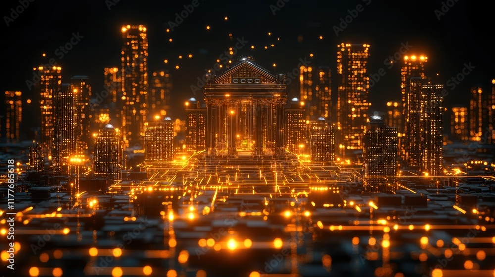 ' Lit city scene with building center surrounded by digital infrastructure at night. ' Lit city scene with building center surrounded by digital infrastructure at night.