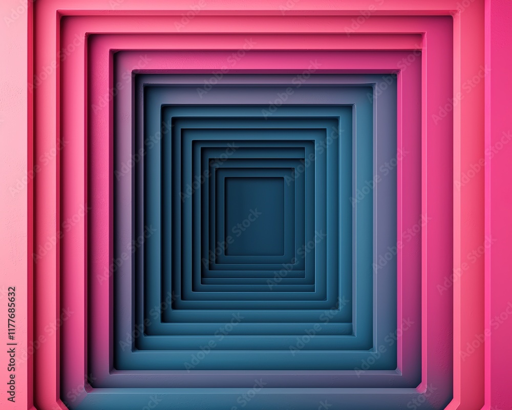 A vibrant, abstract image featuring layered geometric shapes in shades of pink and blue, creating a tunnel-like perspective.