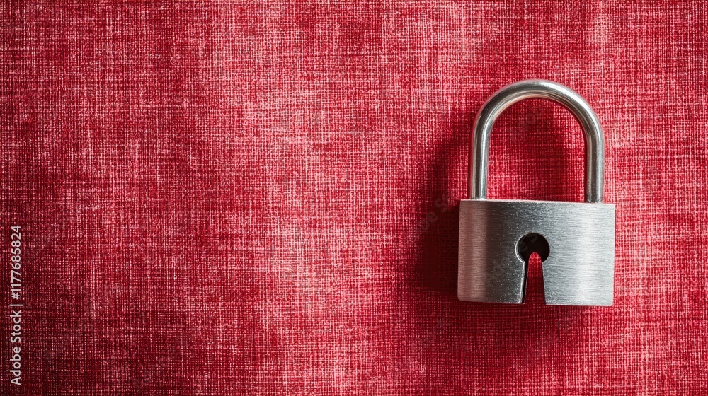 Fototapeta premium A modern steel padlock placed on a bold crimson red background, sharp and eye-catching.