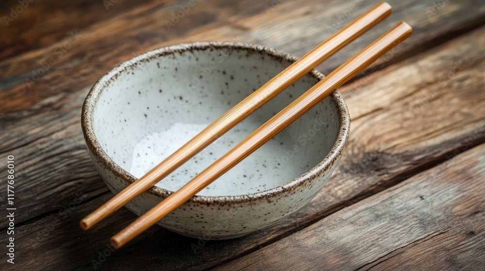 Bamboo chopsticks resting on rustic wooden surface beside an empty ceramic bowl with speckled glaze Bamboo chopsticks resting on rustic wooden surface beside an empty ceramic bowl with speckled glaze