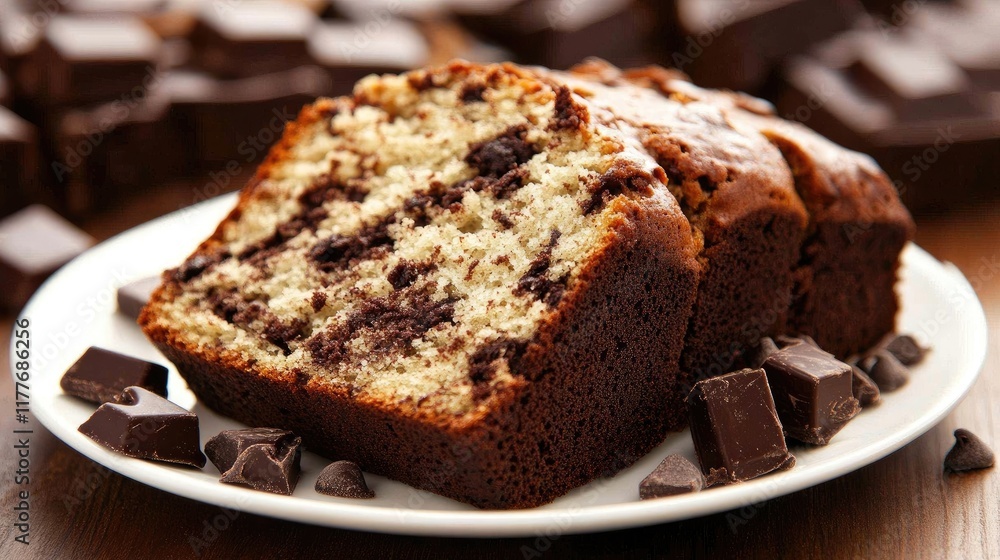 Deliciously moist banana bread slice with rich dark chocolate chunks on a plate surrounded by chocolate pieces. Deliciously moist banana bread slice with rich dark chocolate chunks on a plate surrounded by chocolate pieces.