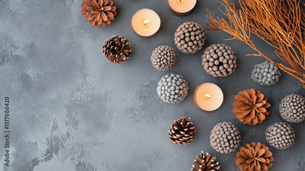 Fototapeta premium Decorative candles and natural elements on a textured gray background creating a cozy and warm atmosphere for seasonal celebrations