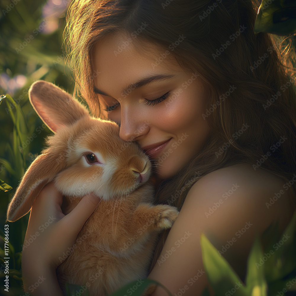 Smiling Girl Playing with a Cute Rabbit Smiling Girl Playing with a Cute Rabbit