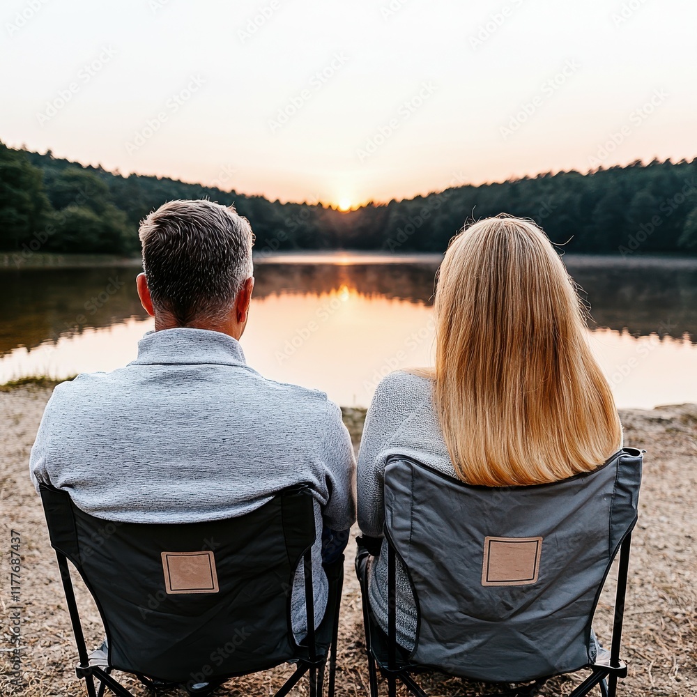 Fototapeta premium Serene Moment of a Couple Watching Sunset by the Lake Surrounded by Nature in Relaxed Outdoor Setting