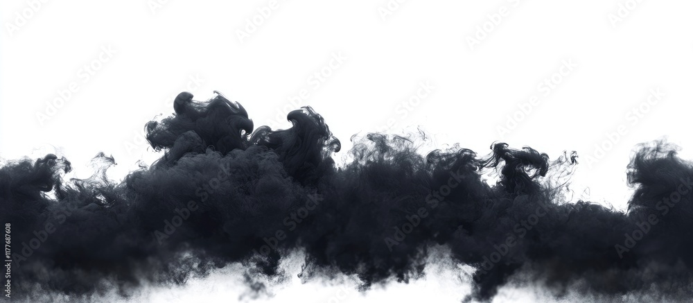 Fototapeta premium Black smoke abstract art isolated on white background offering ample space for creative text and design elements
