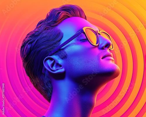 A vibrant portrait of a man with sunglasses, featuring bold colors and a psychedelic background, creating a modern, stylish aesthetic.