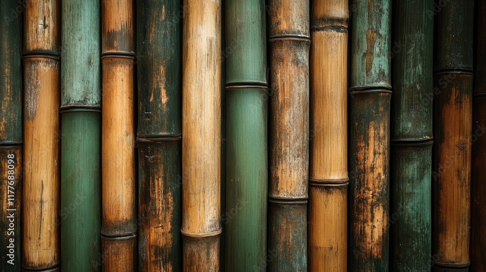 Textured bamboo wall with varying shades of green and brown showcasing natural patterns and rustic charm applicable to eco-friendly concepts. Textured bamboo wall with varying shades of green and brown showcasing natural patterns and rustic charm applicable to eco-friendly concepts.