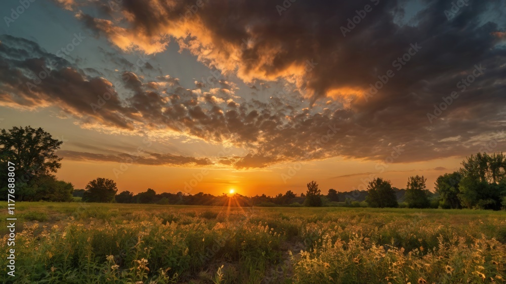 Vibrant sunrise over a tranquil field, showcasing a picturesque landscape with golden hour light and dramatic clouds. Vibrant sunrise over a tranquil field, showcasing a picturesque landscape with golden hour light and dramatic clouds.