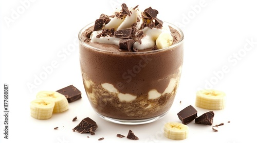 Banana Chocolate Pudding Dessert in Glass Cup with Toppings and Sliced Bananas on White Background photo