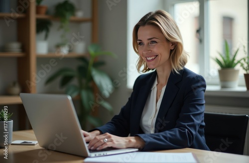 businesswoman working on laptop in office environment, mature female executive in suit, 40-year-old professional entrepreneur, smiling and focused on computer, concept of business, gazing at camera photo