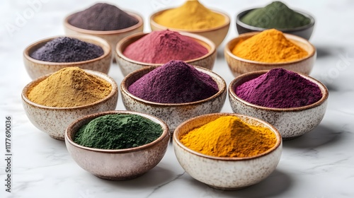 An Eye-Catching Superfood Powder Display Celebrating Vibrant Colors and Their Health Benefits for Vitality and Well-Being