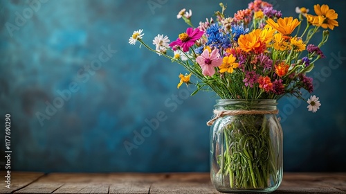 A beautiful bouquet of wildflowers in a mason jar