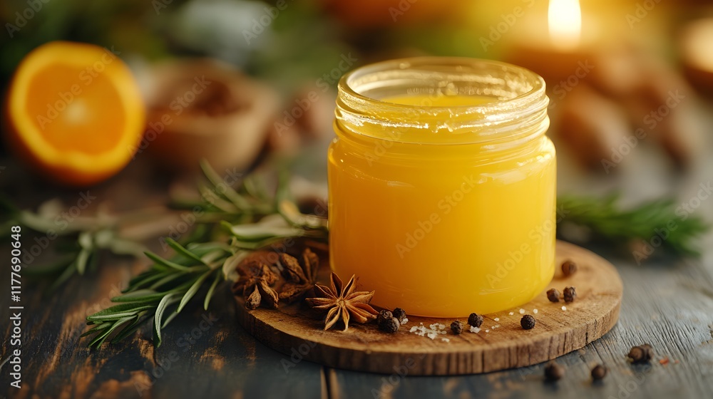 The Timeless Essence of Ghee: A Rustic Jar Surrounded by Health and Culinary Heritage The Timeless Essence of Ghee: A Rustic Jar Surrounded by Health and Culinary Heritage
