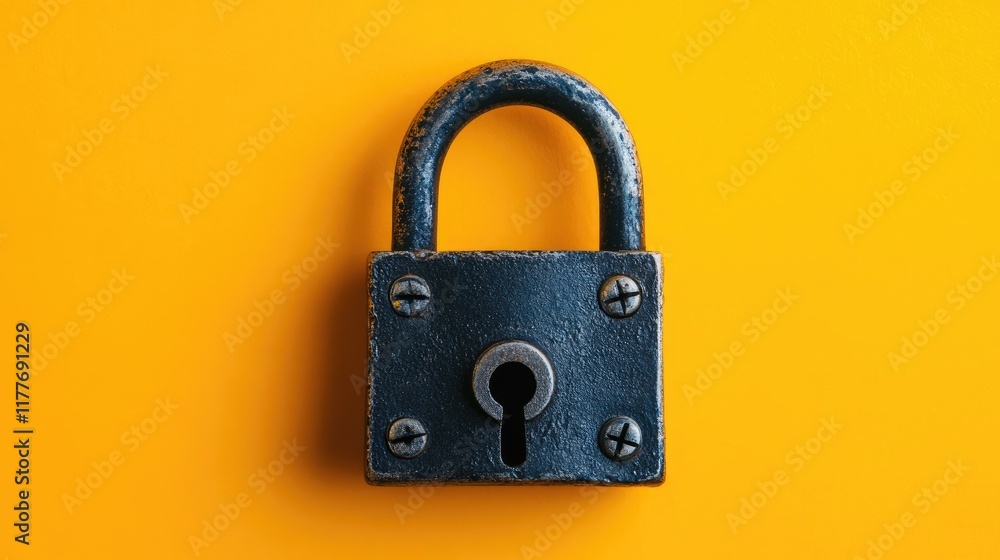 Black combination padlock lying flat on a gradient yellow-orange background, striking and secure. Black combination padlock lying flat on a gradient yellow-orange background, striking and secure.