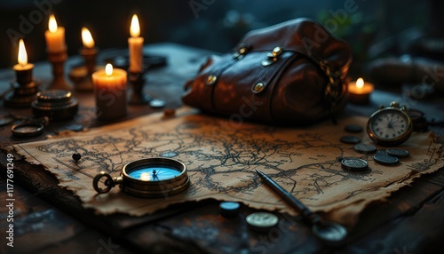 Une table de bois massif porte les outils d’un explorateur : une boussole ouverte, une carte au trésor tachée, des bougies fondues et une sacoche renfermant des secrets.