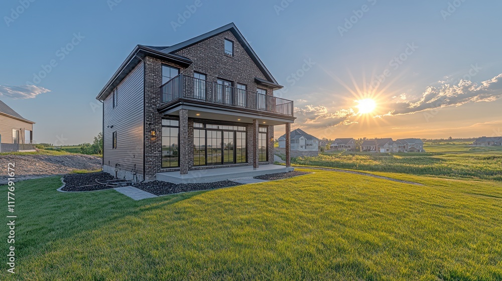 Obraz premium Brick house sunset backyard view.