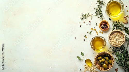 Mediterranean diet selection, healthy food ingredients for cooking, fresh produce, grains, olive oil, and herbs on kitchen table, topdown view, copy space