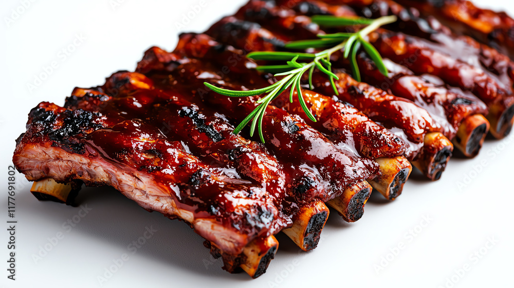 Obraz premium Closeup of American BBQ ribs with smoky sauce, energetic street festival