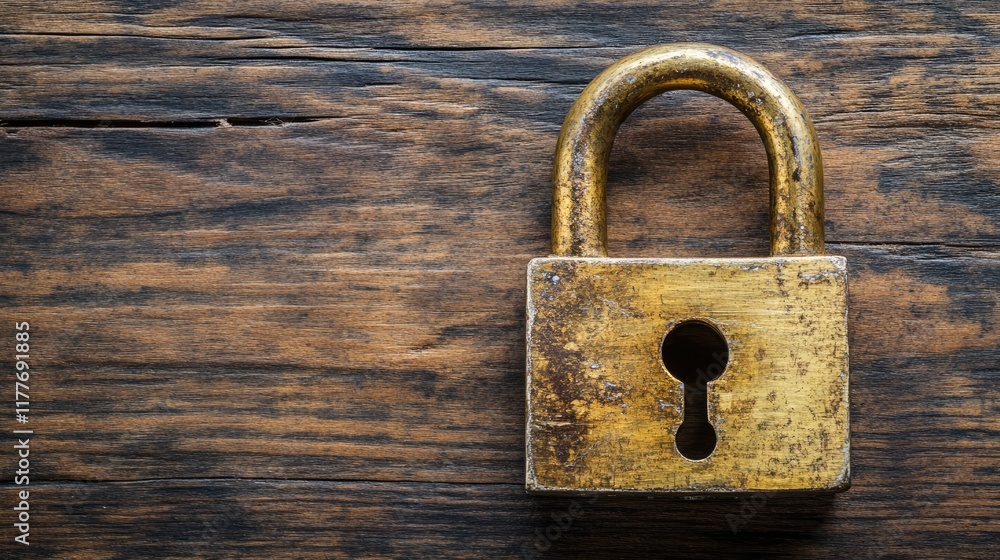 Fototapeta premium Brass padlock with a weathered finish on a dark wood background, rustic and natural.