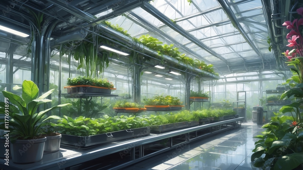 A futuristic high-tech greenhouse featuring advanced hydroponic systems and lush greenery illuminated by natural light A futuristic high-tech greenhouse featuring advanced hydroponic systems and lush greenery illuminated by natural light