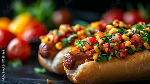 Closeup of American hotdog loaded with toppings, casual street vendor setting photo