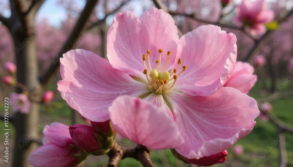 Close-up of a beautiful pink flower in a blooming orchard Close-up of a beautiful pink flower in a blooming orchard