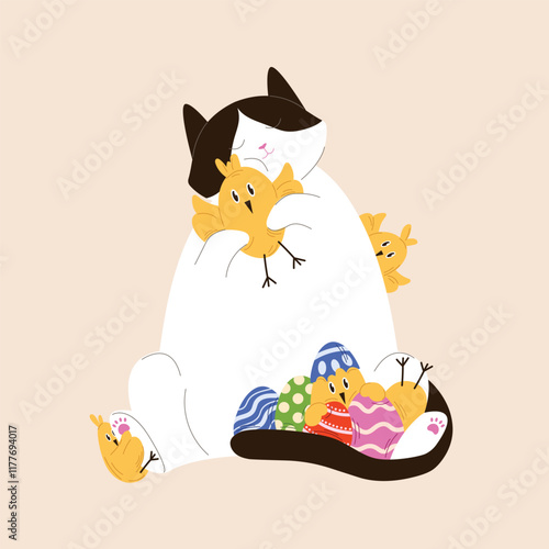 Cute tuxedo cat cuddling yellow chicks and surrounded by colorful Easter eggs in flat style. Perfect for spring, Easter themed design and holiday decoration.